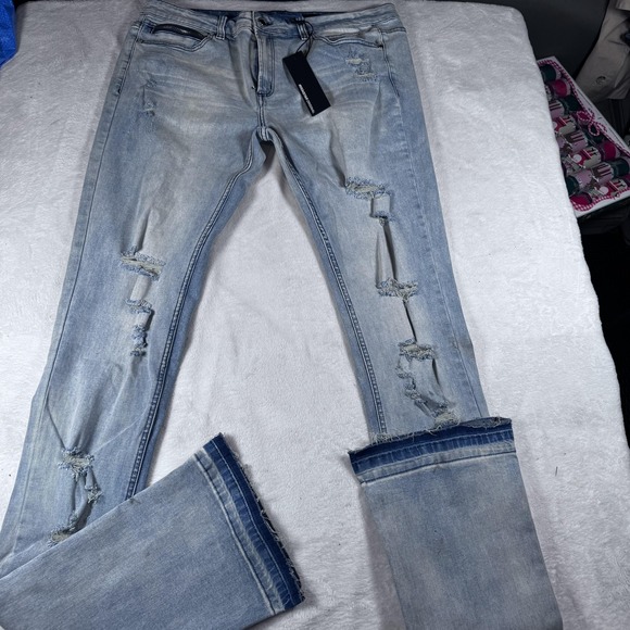Rockstar Original Jeans Mens 42 Light Wash‎ Stacked Flare Distressed Skelman